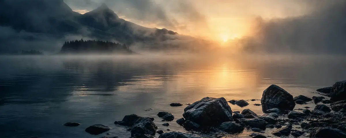 Sunrise light breaking over still water and low mist
