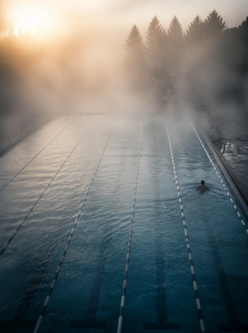 A lone swimmer swimming freestyle in a misty lane pool at dawn, small in the frame on the right